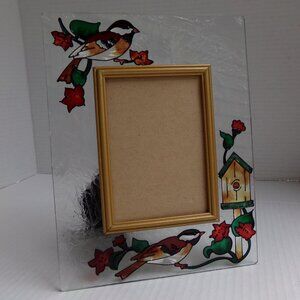 Vintage Hand Painted Stained Glass Etched Bird Chickadee Picture Frame